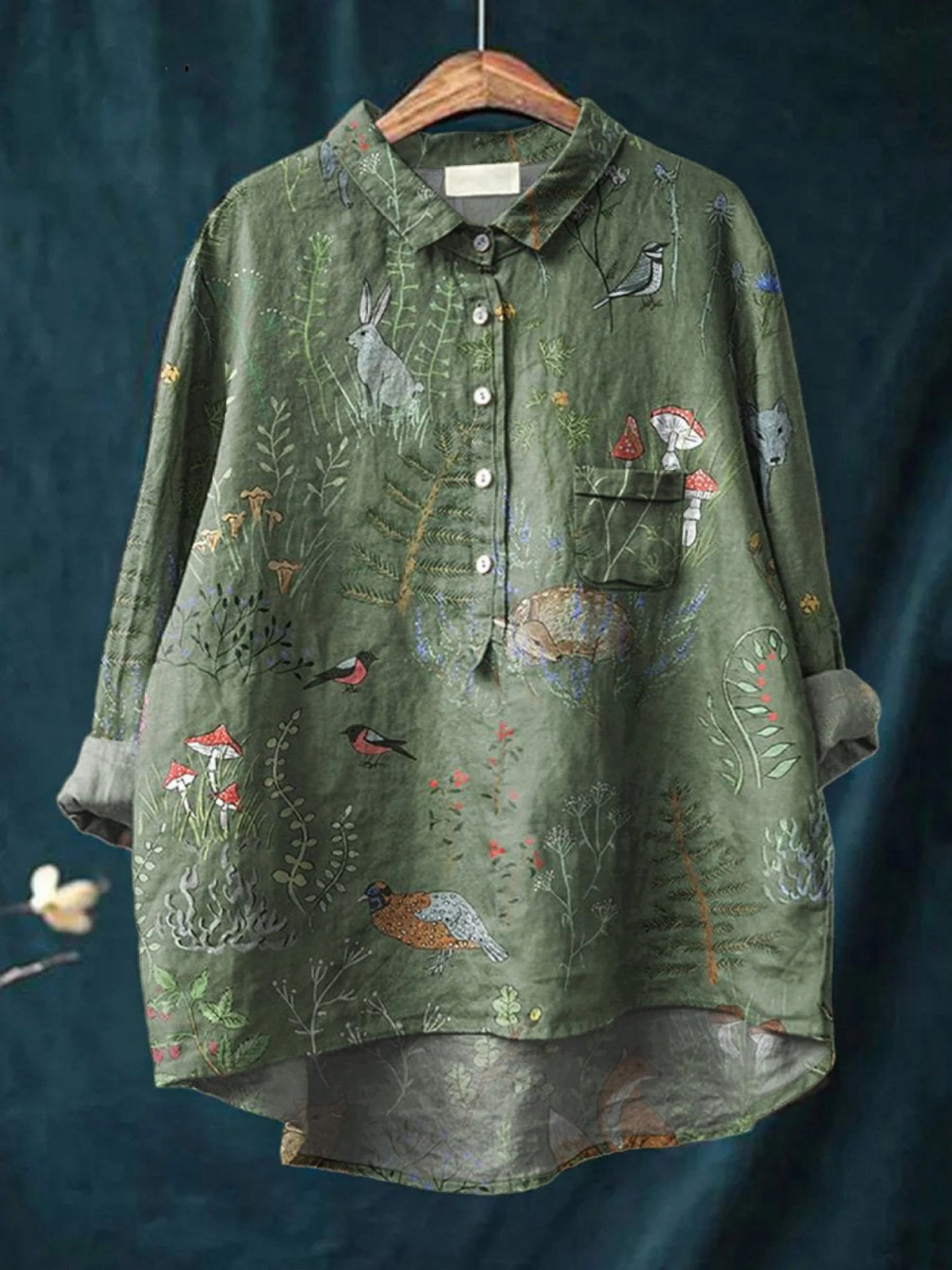 Susan | Woodland And Animals Repeat Pattern Printed Women's Casual Shirt
