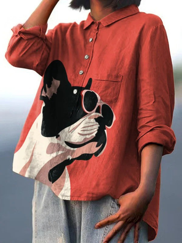 Karen | Decorative Pattern of French Bulldog Wearing Sunglasses Casual Shirt