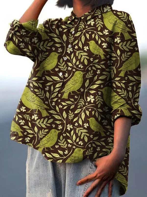 Sandra | Women's Vintage Floral Birds Art Print Casual Cotton And Linen Shirt