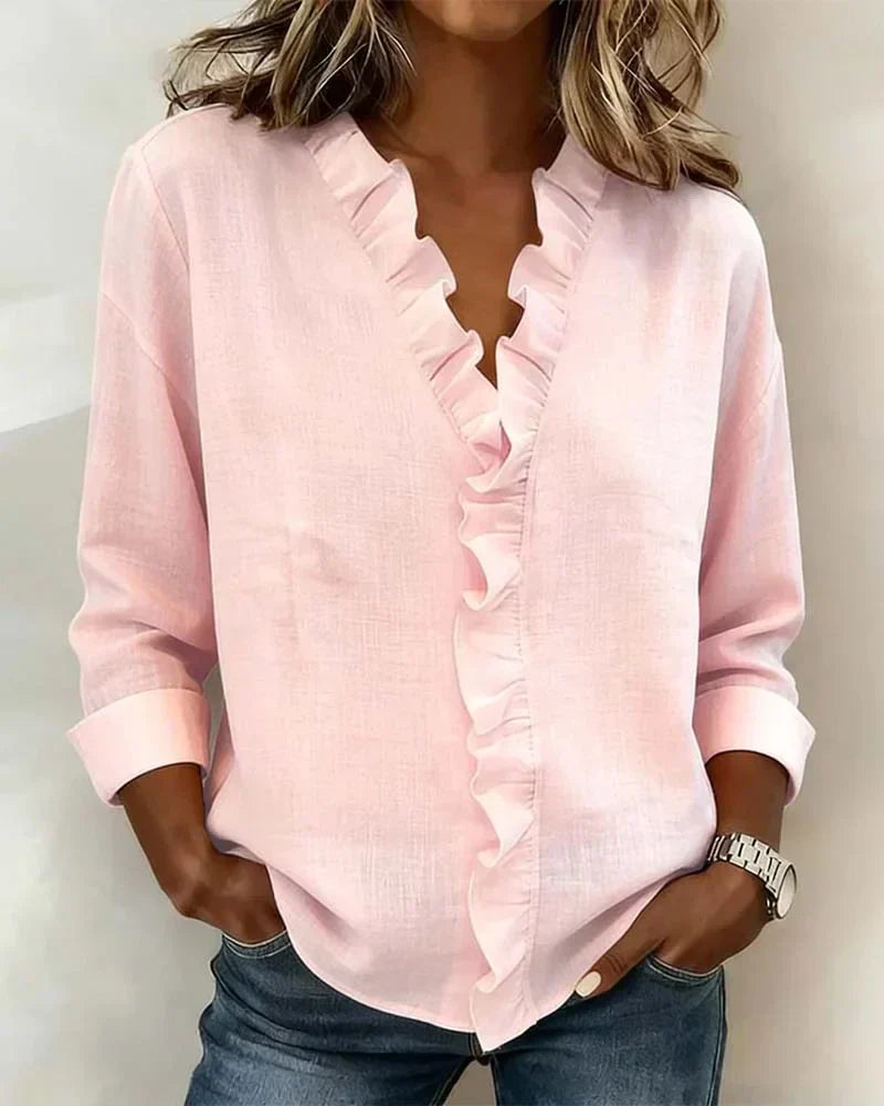 Quinn | Blouse with Ruffles, V-Neck and Long Sleeves
