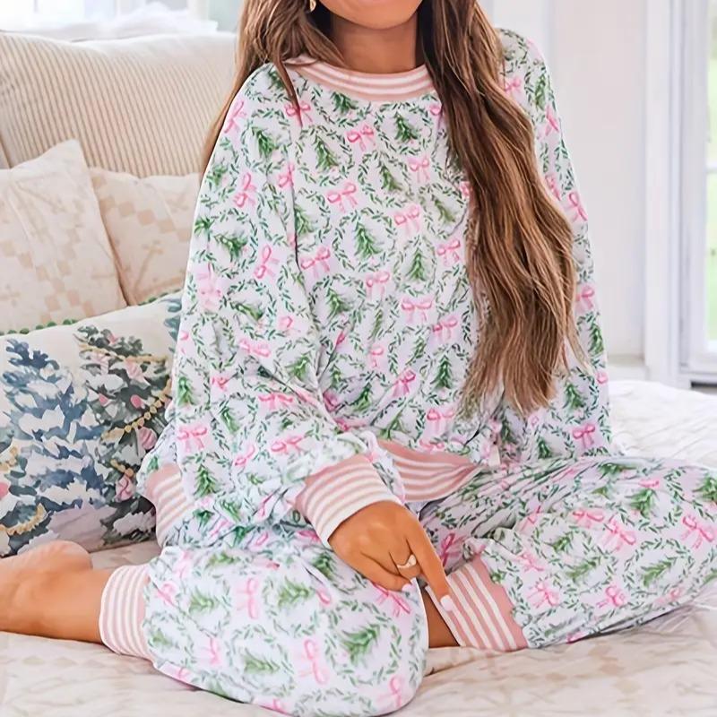 Brielle | Cozy Christmas Bow Print Loungewear Set