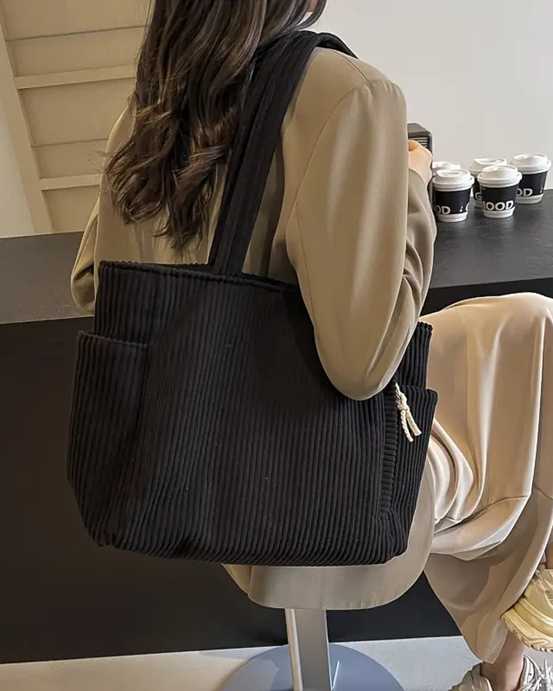 Mary | Ribbed Tote Bag with Cord Detail