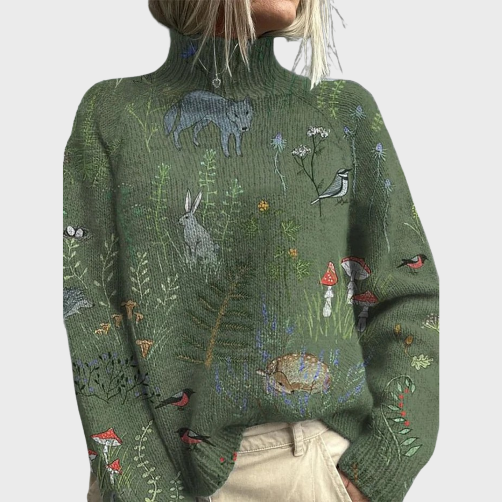 HANA | Cozy Knitted Sweater with Forest-Inspired Print
