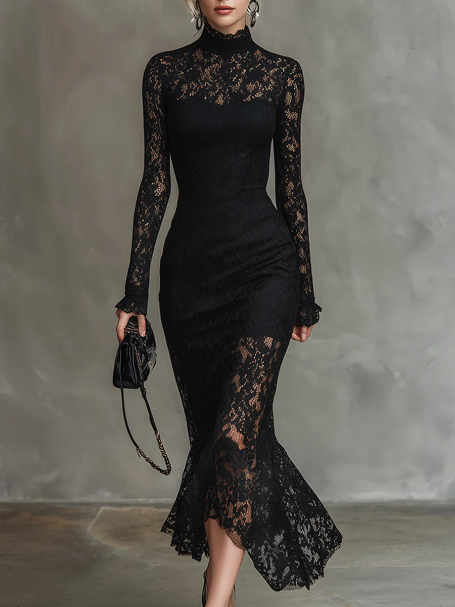 Rosalyn | Elegant Maxi Fishtail Dress in Stretch Black Lace