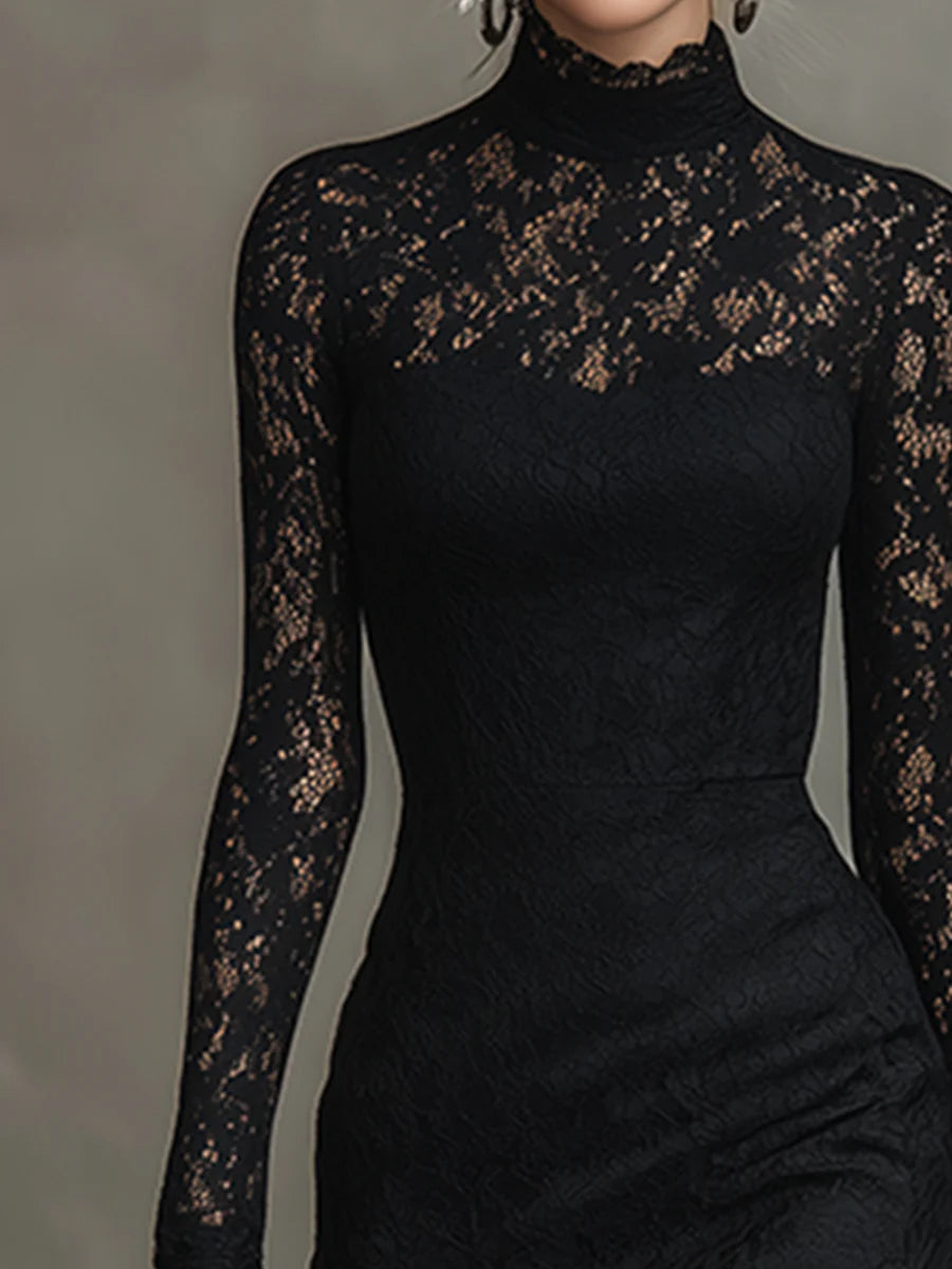 Rosalyn | Elegant Maxi Fishtail Dress in Stretch Black Lace