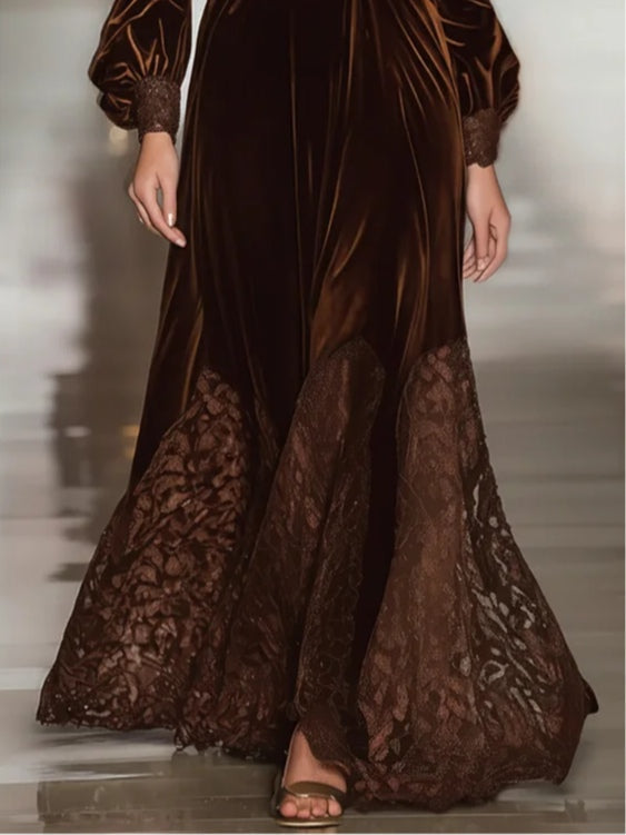 Monroe | Velvet Long Dresses with High Collar and Patchwork