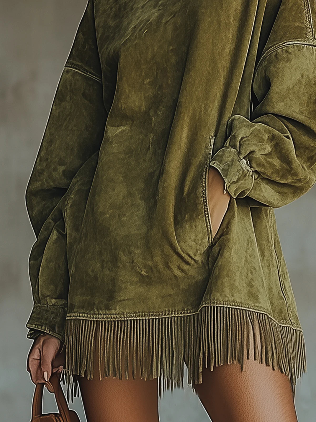 Adriana | Suede Dress with High Neck and Fringes