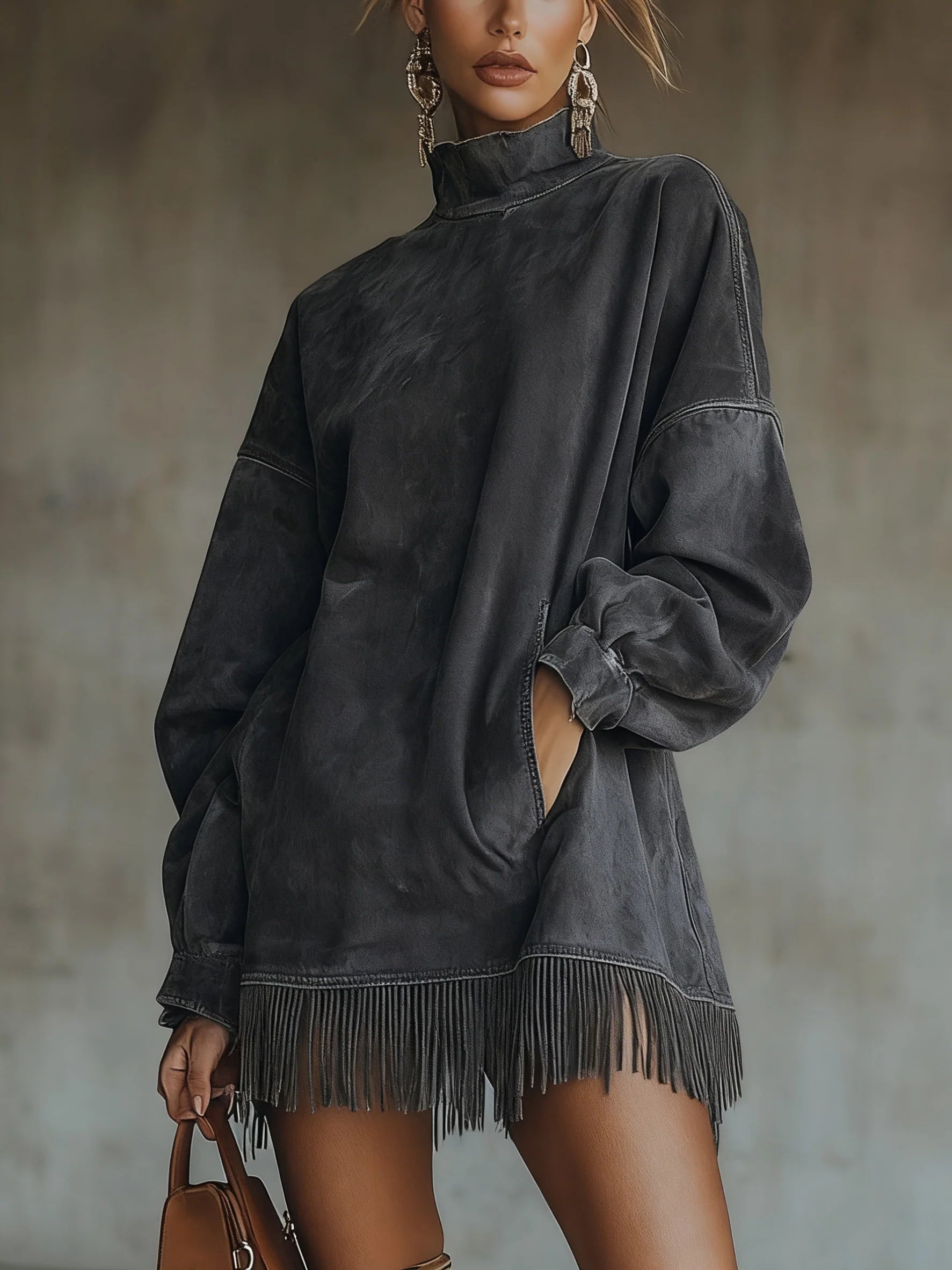 Adriana | Suede Dress with High Neck and Fringes