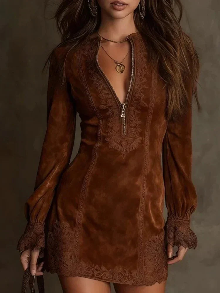 Skylar | Elegant Suede Lace Dress