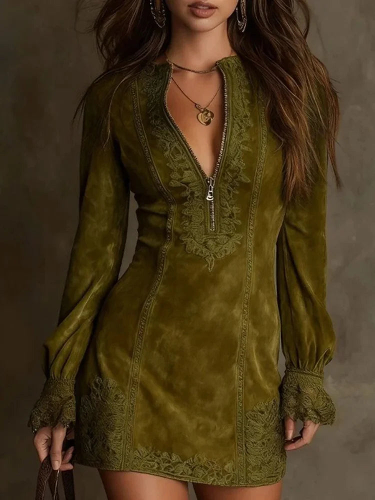 Skylar | Elegant Suede Lace Dress