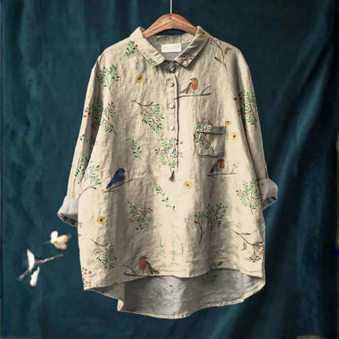 Michelle | Boughs And Robin Birds Pattern Printed Women's Casual Shirt