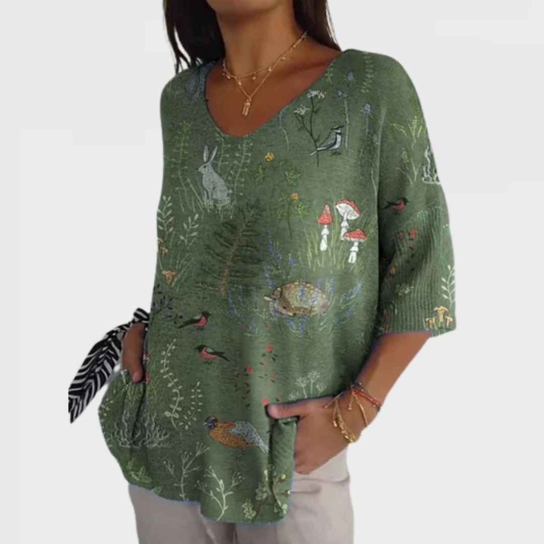 Grace | Woodland And Animals Repeat Pattern Printed Women's Casual Pullover Knit