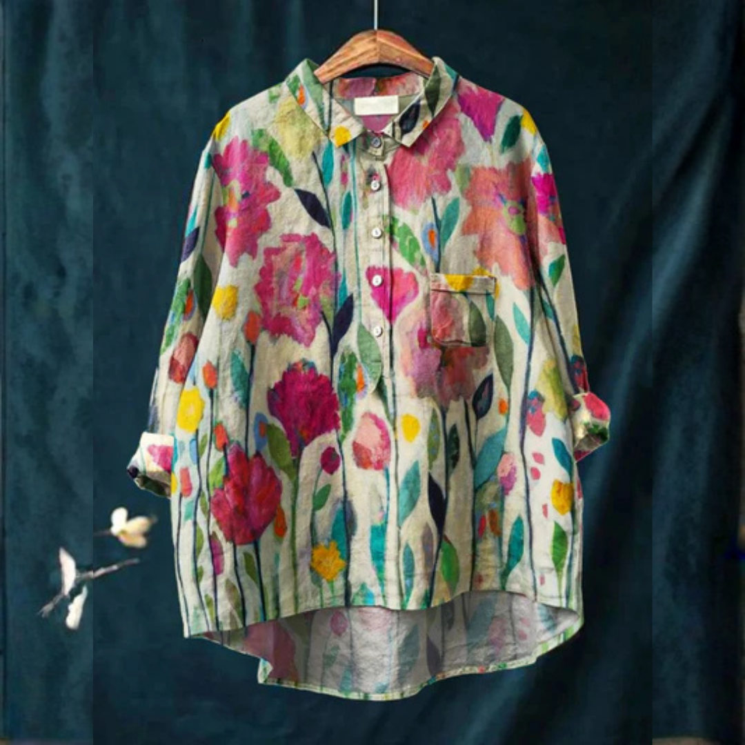 Carol | Women's Vintage Flower Art Print Casual Cotton And Linen Shirt