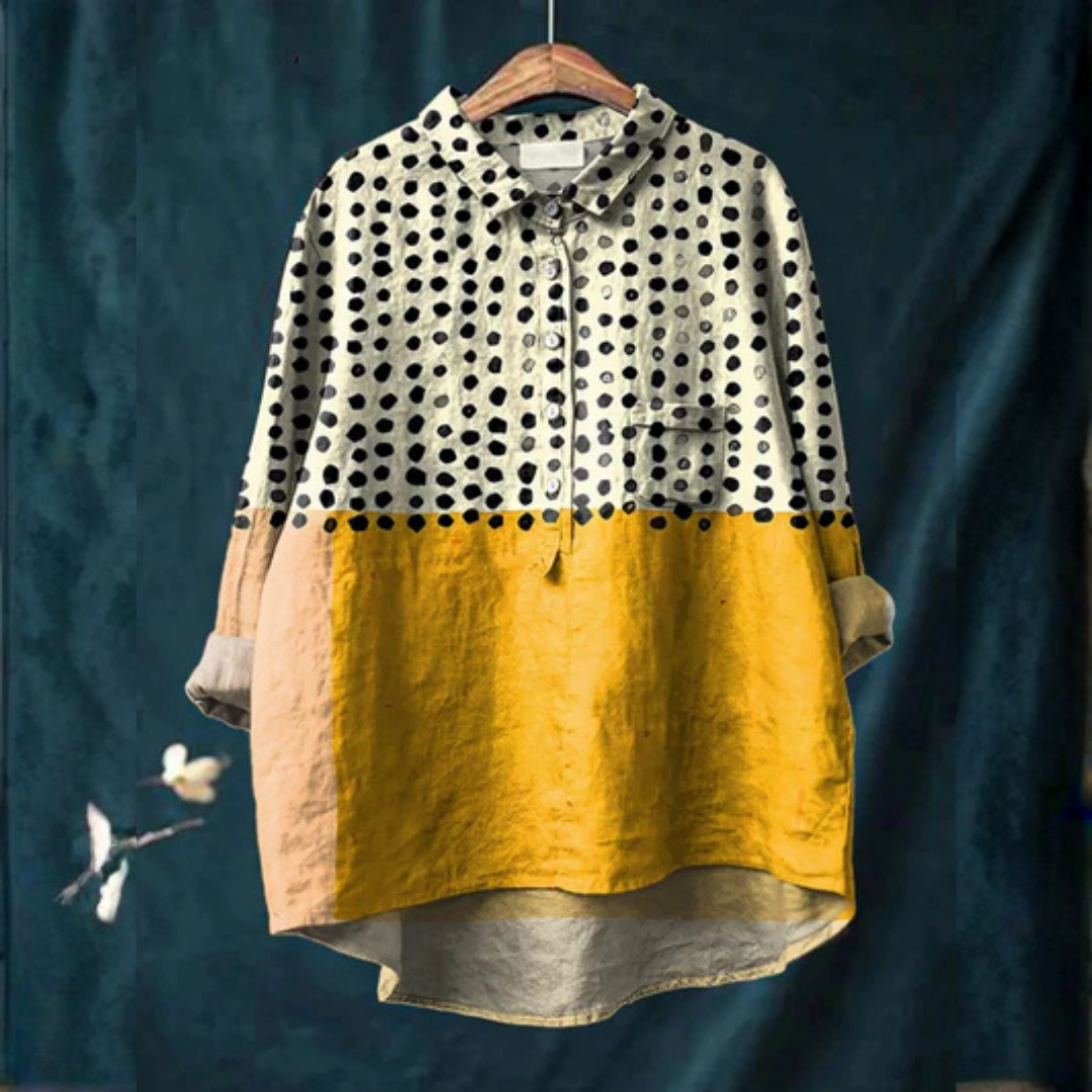 Margaret | Women's Yellow Color-blocked Dots Print Casual Shirt