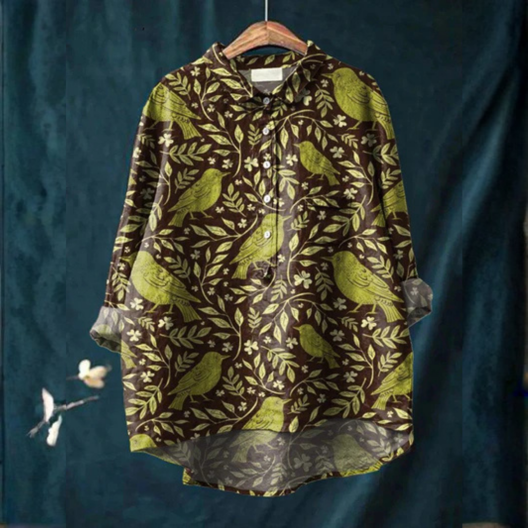 Sandra | Women's Vintage Floral Birds Art Print Casual Cotton And Linen Shirt