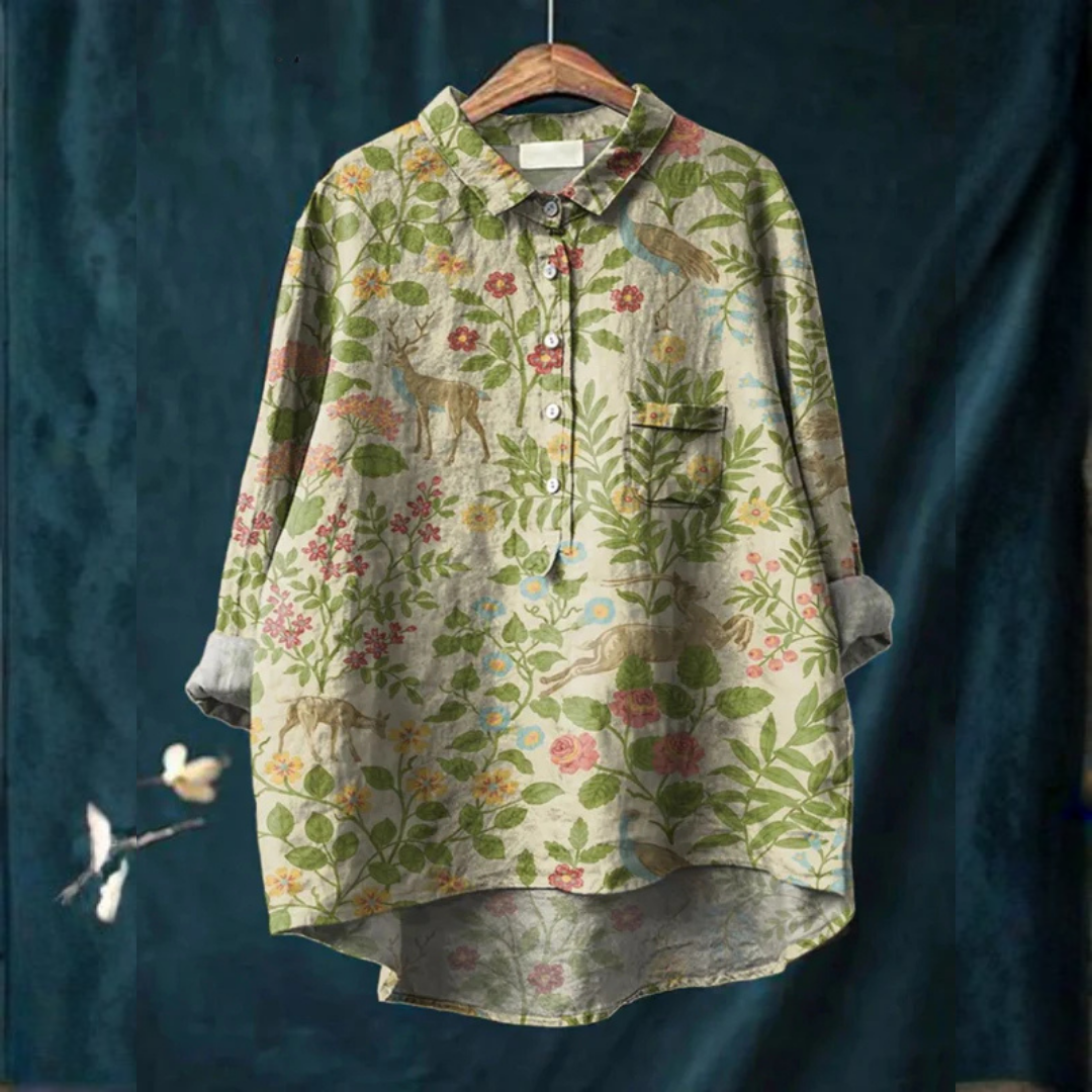 Angela | Women's Vintage Floral Animals Art Print Casual Shirt
