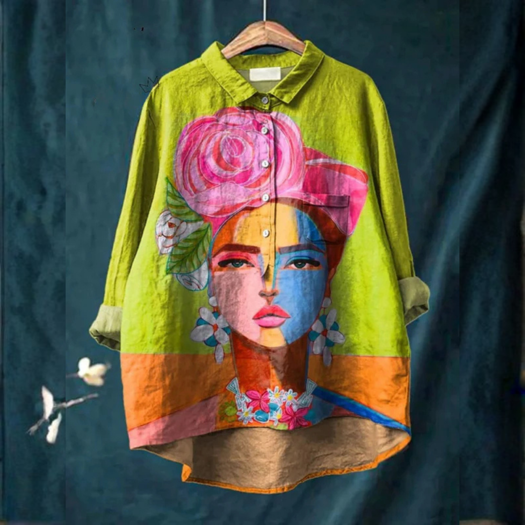 Pamela | Oil Painting Freda Portrait Art Printed Women's Casual Shirt