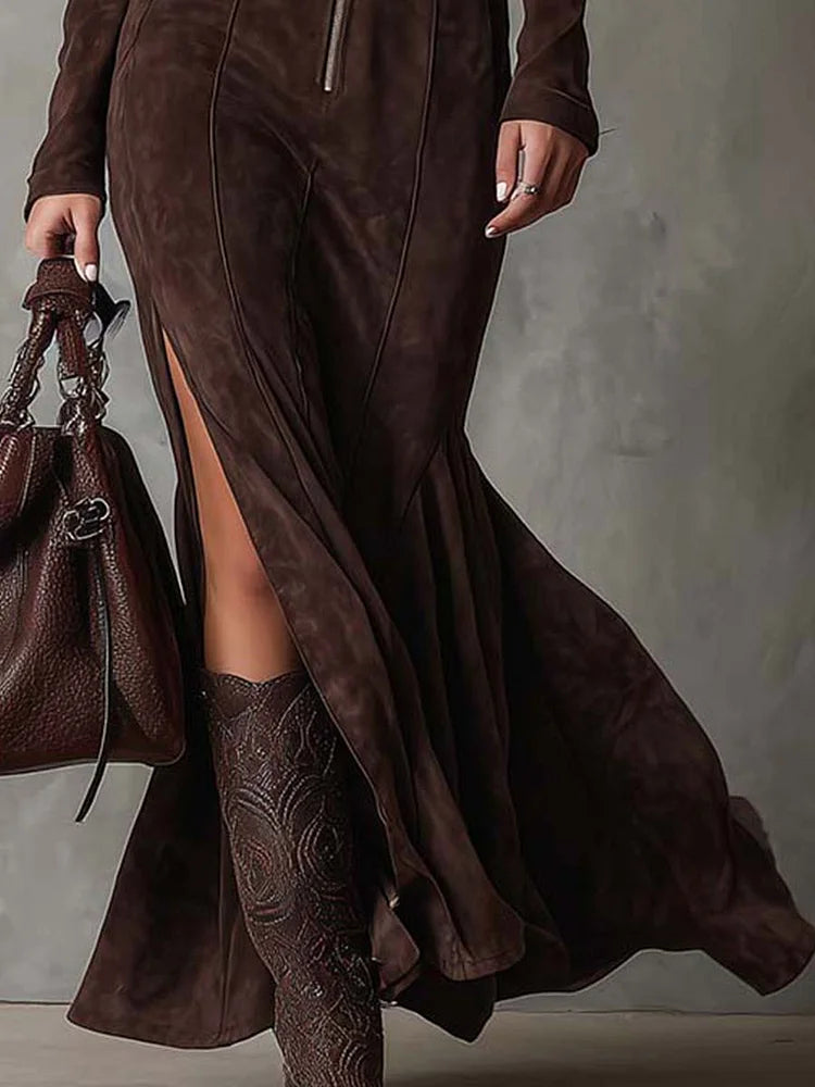 Julina | Chic Long Suede-Effect Dress