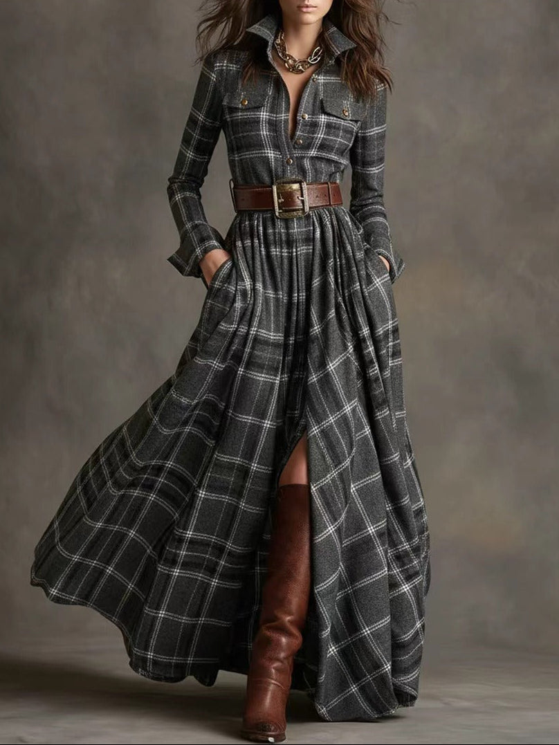 Teagan | Long plaid dress with belt