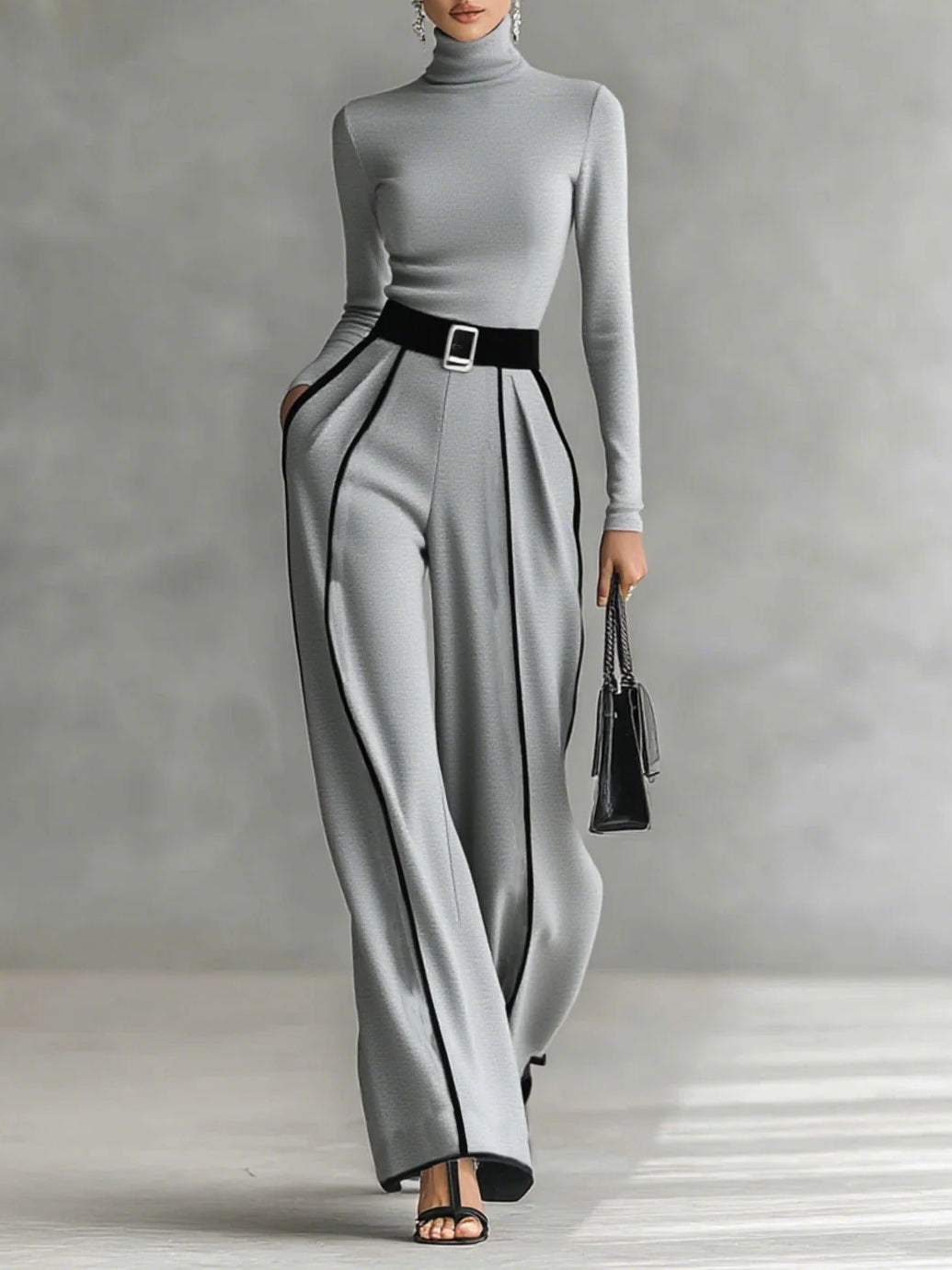 Sylvia | High Neck Long Sleeve Top with Wide Leg Pants and Belt
