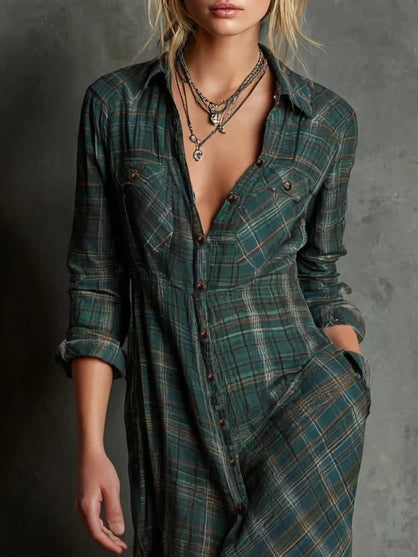 Laura | Maxi Dress with Green Checked Lapel
