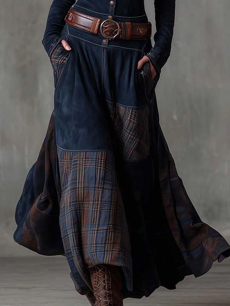 Harper | Vintage Long Dress in Navy Blue Suede Check