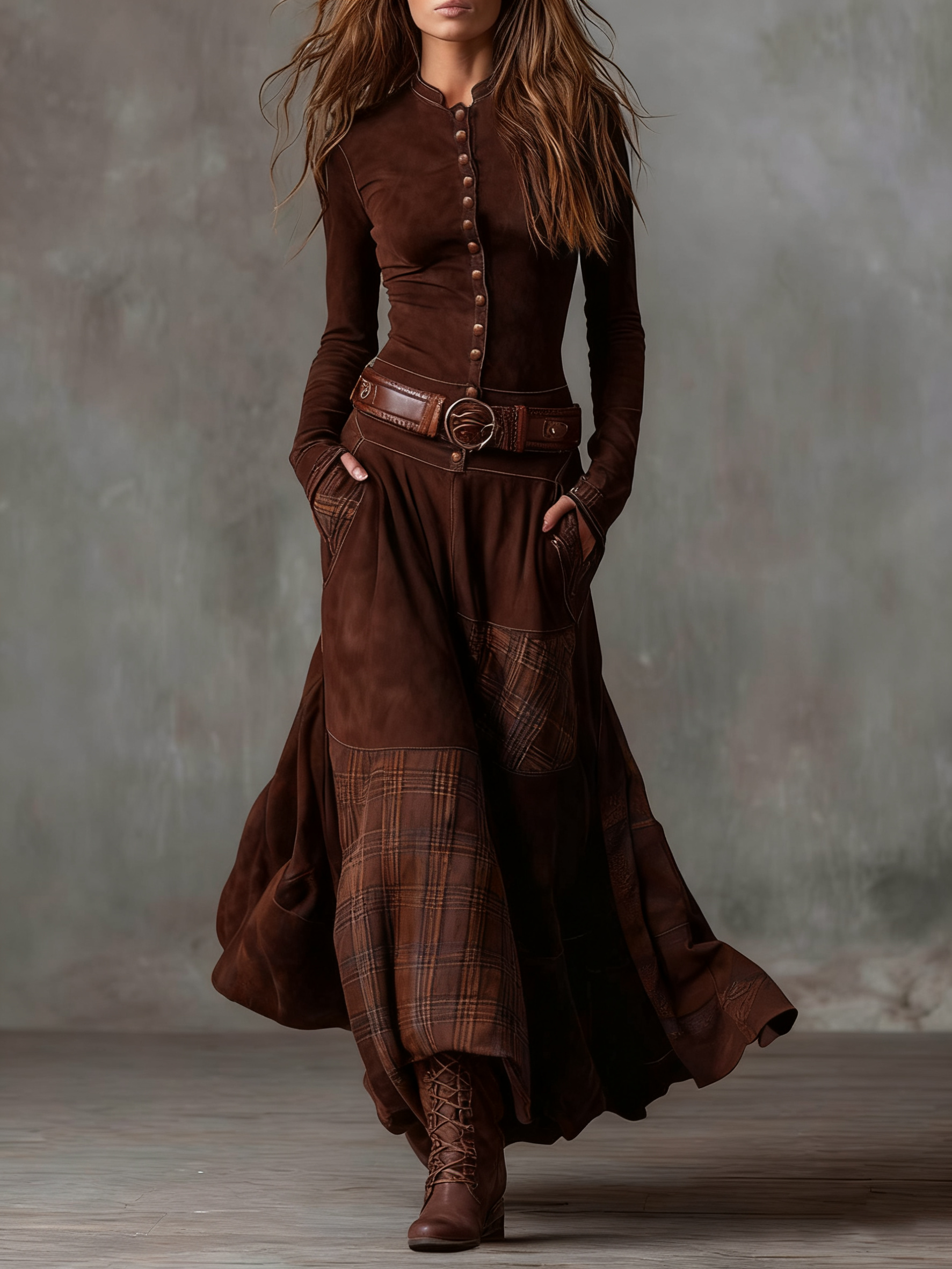 Harper | Vintage Long Dress in Navy Blue Suede Check