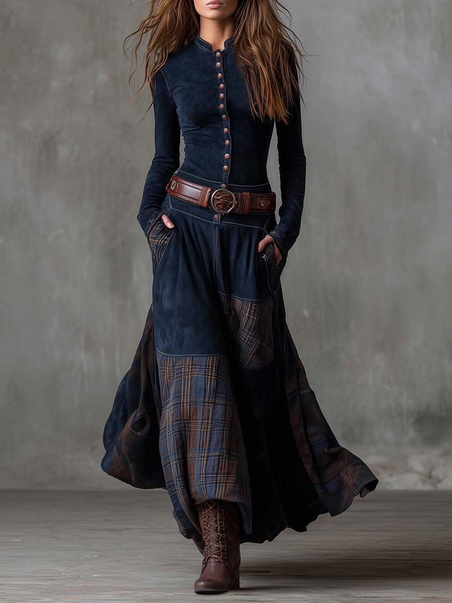 Harper | Vintage Long Dress in Navy Blue Suede Check