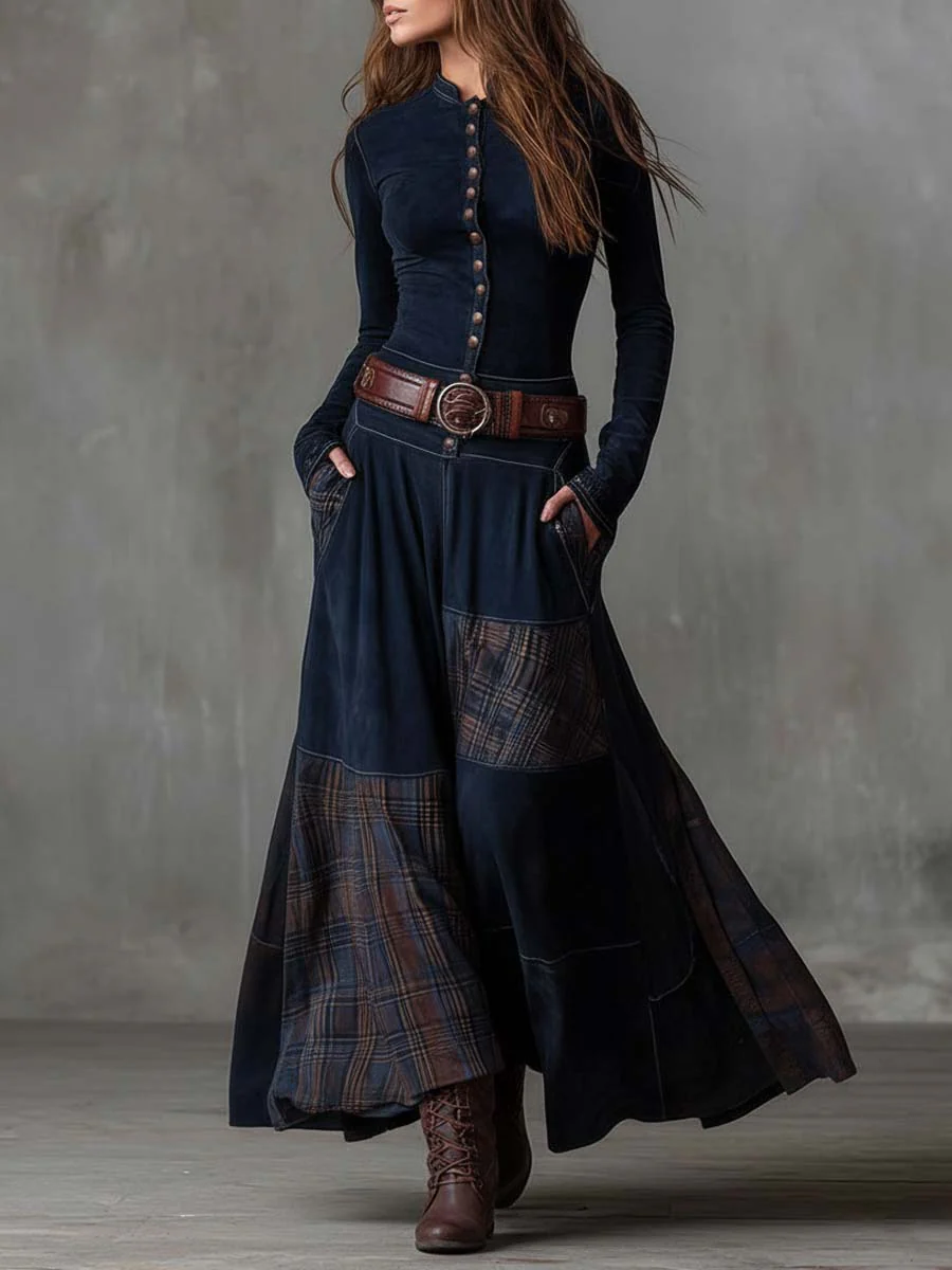 Harper | Vintage Long Dress in Navy Blue Suede Check