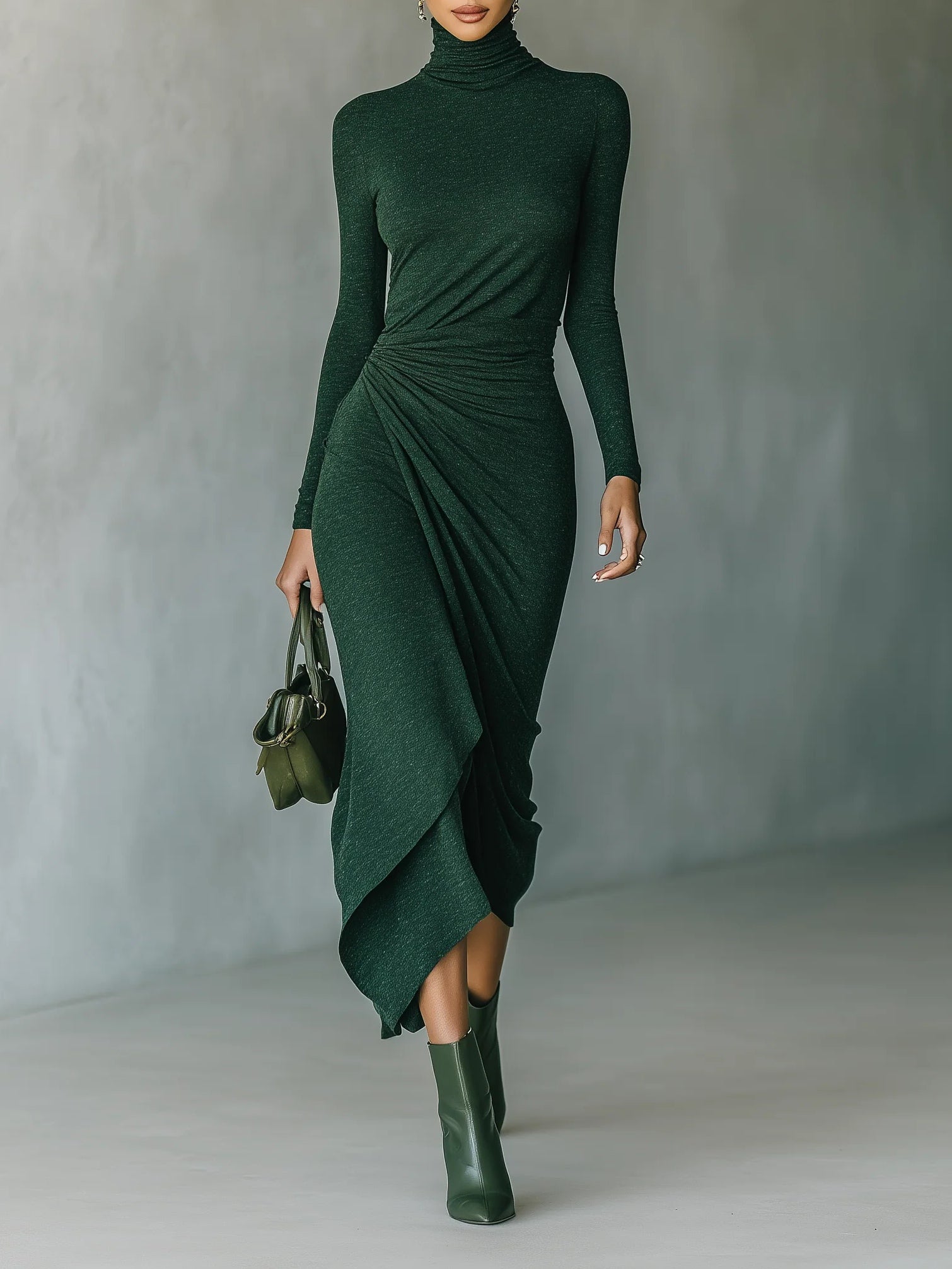 Margaret | Asymmetric wrap midi dress with pleats and high collar in dark green
