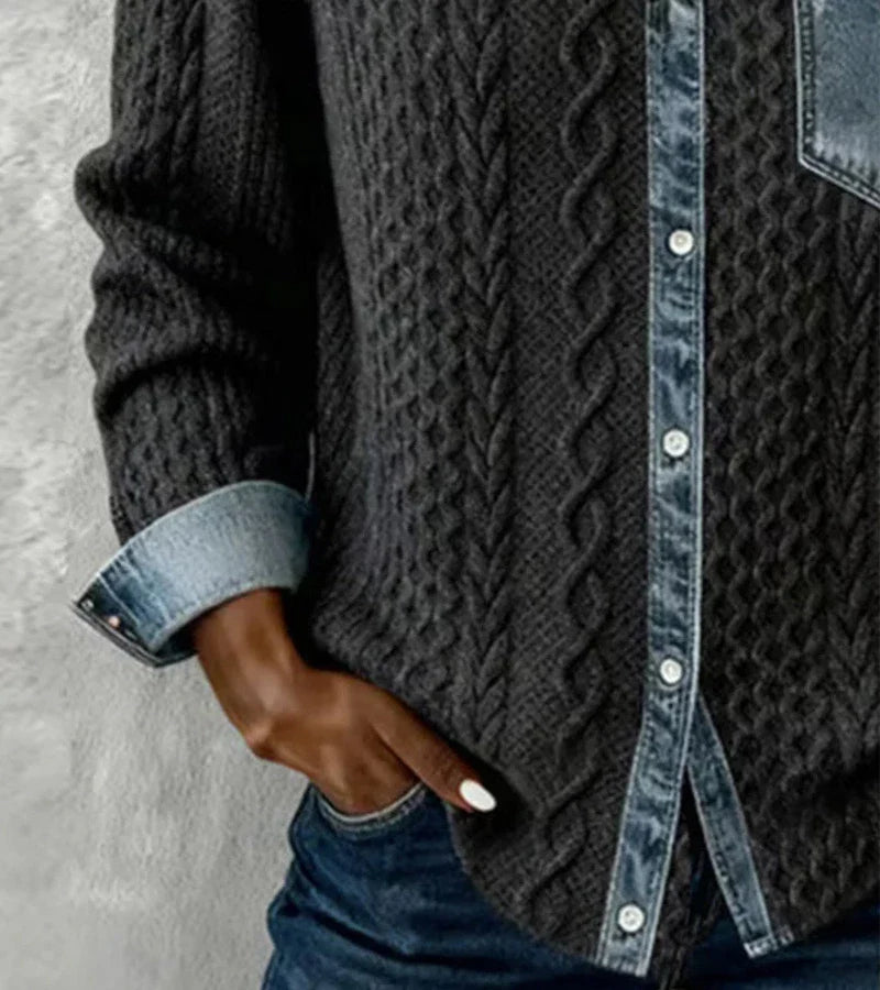 Marcela | Patchwork Knit Top with Denim Details