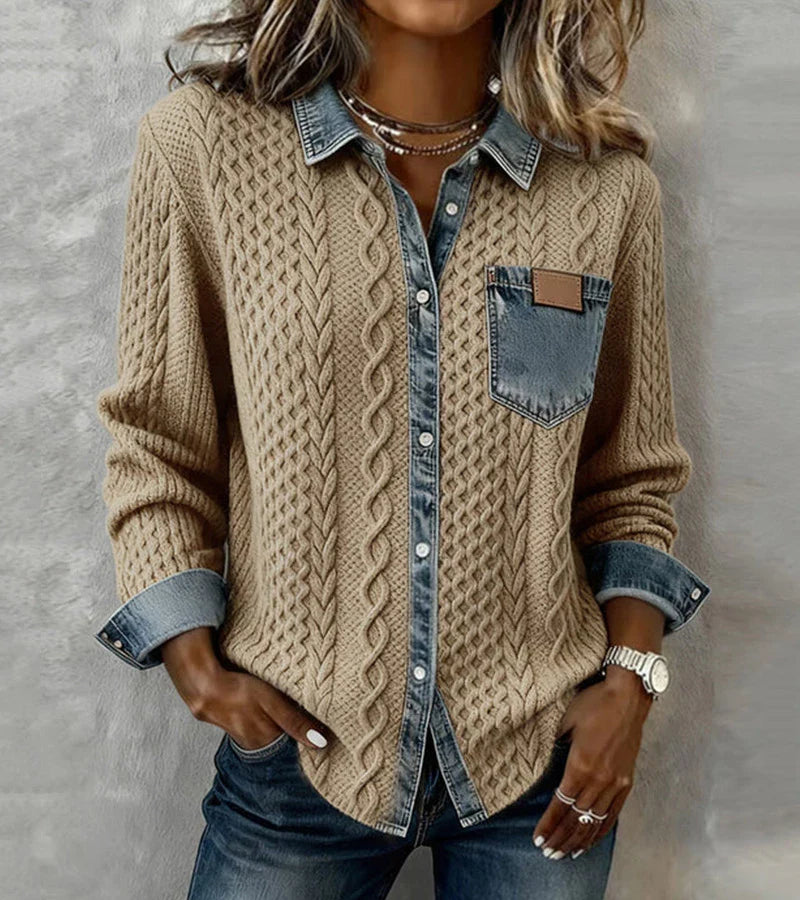 Lauren | Patchwork Knit Top with Denim Details