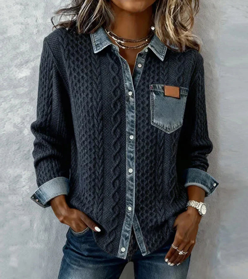 Marcela | Patchwork Knit Top with Denim Details