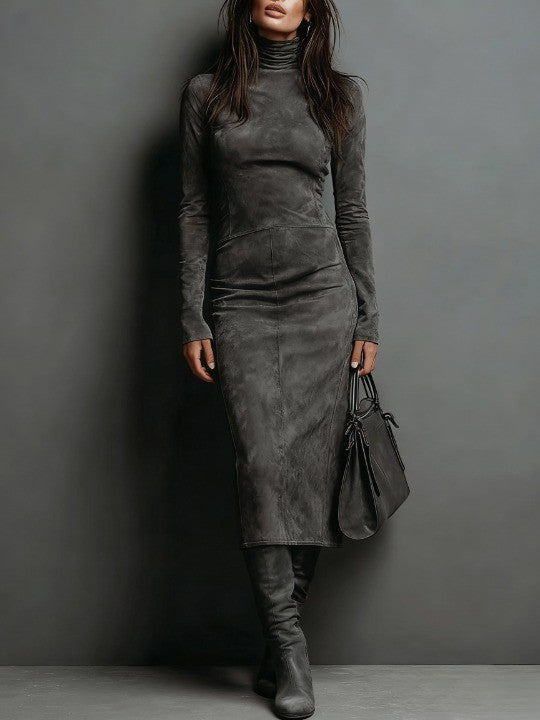 Lyra | High Neck, Suede Midi Dress