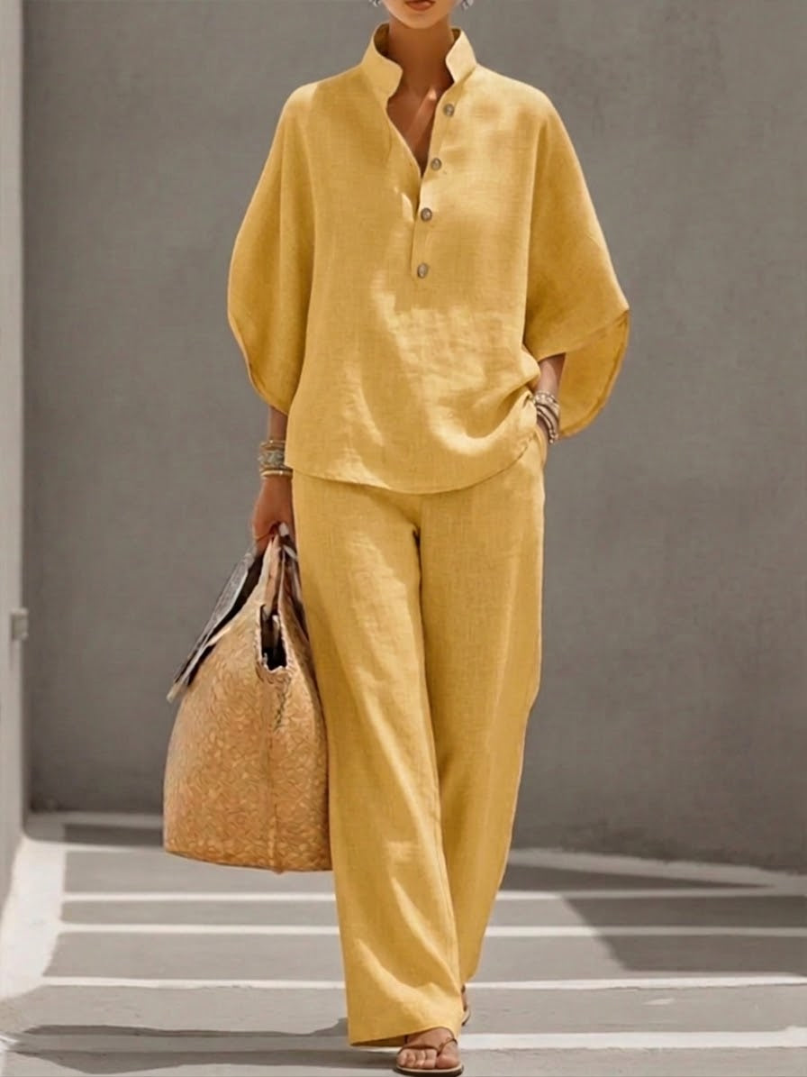 Autumn | Cotton Linen Set with Batwing Sleeves and Wide Pants