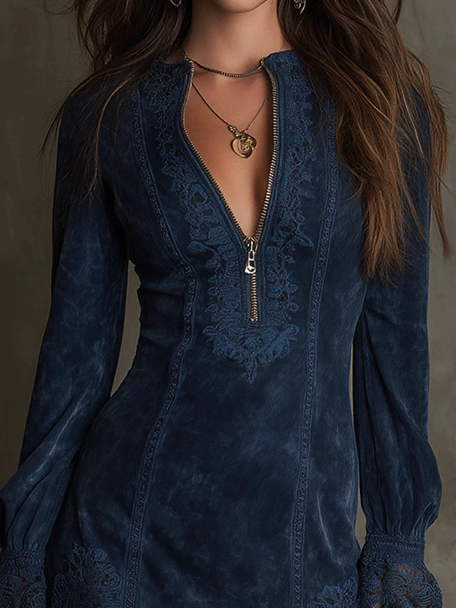 Kendra | Blue Suede Mini Dress with Lace
