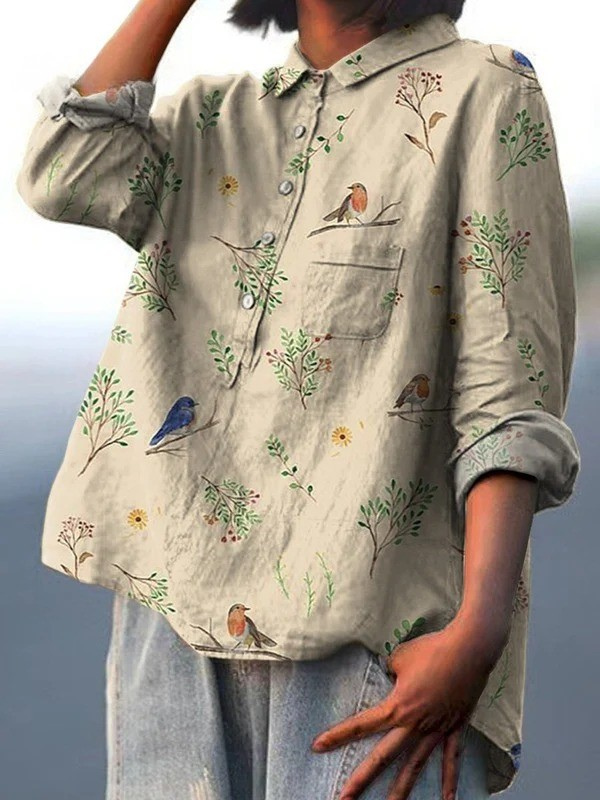 Michelle | Boughs And Robin Birds Pattern Printed Women's Casual Shirt