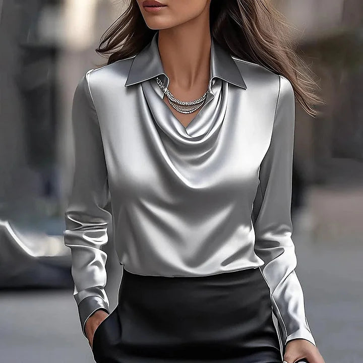 Hazel | Elegant Satin Blouse With Draped Neckline