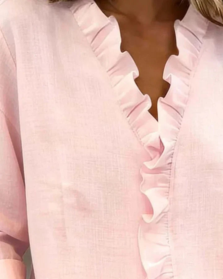 Quinn | Blouse with Ruffles, V-Neck and Long Sleeves