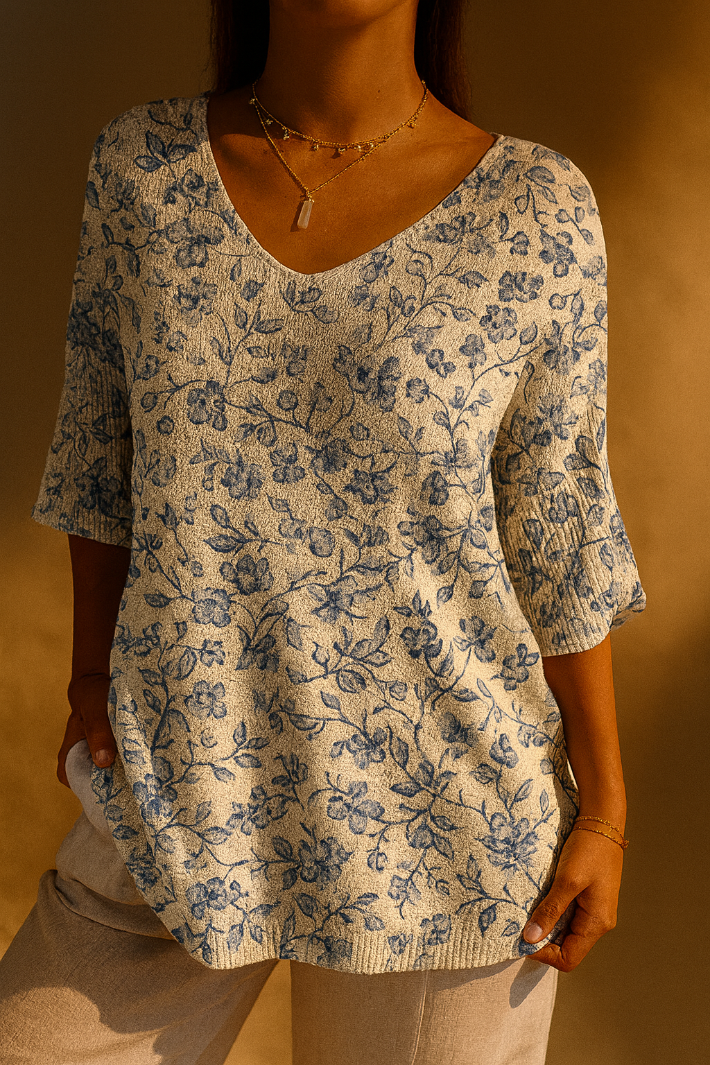 Harper | Women's Small Blue Flowers Print Casual Pullover Knit