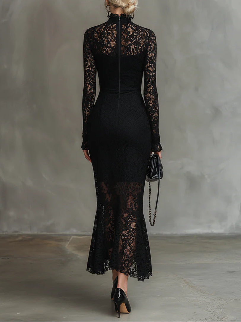 Rosalyn | Elegant Maxi Fishtail Dress in Stretch Black Lace