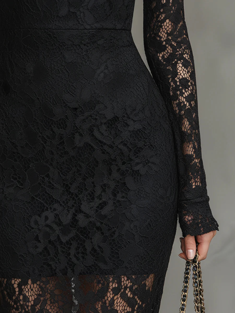 Rosalyn | Elegant Maxi Fishtail Dress in Stretch Black Lace