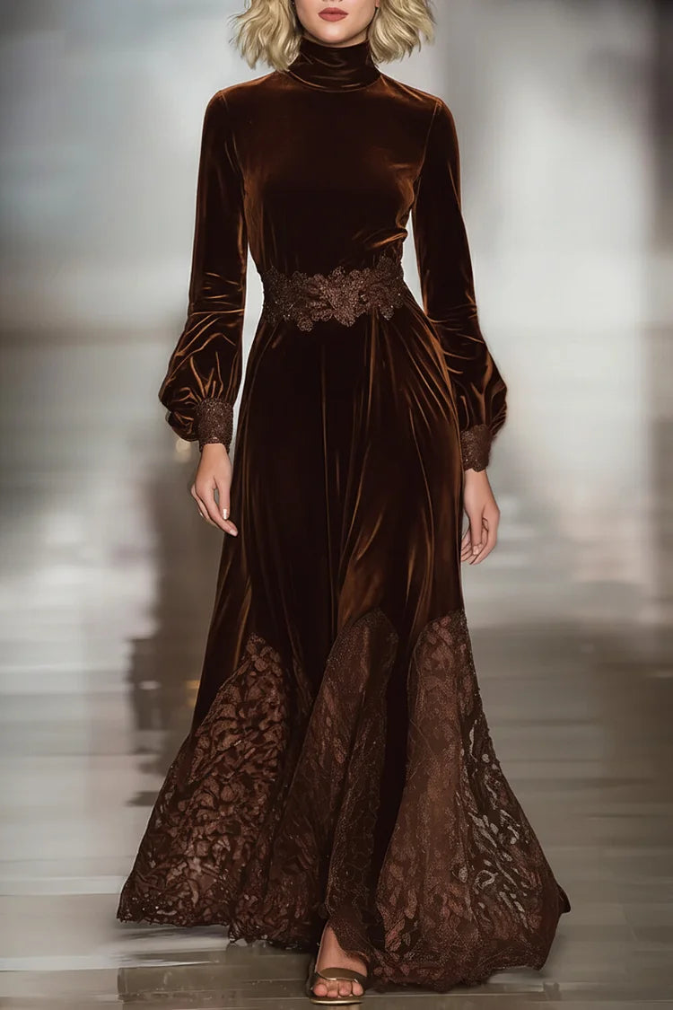 Monroe | Velvet Long Dresses with High Collar and Patchwork