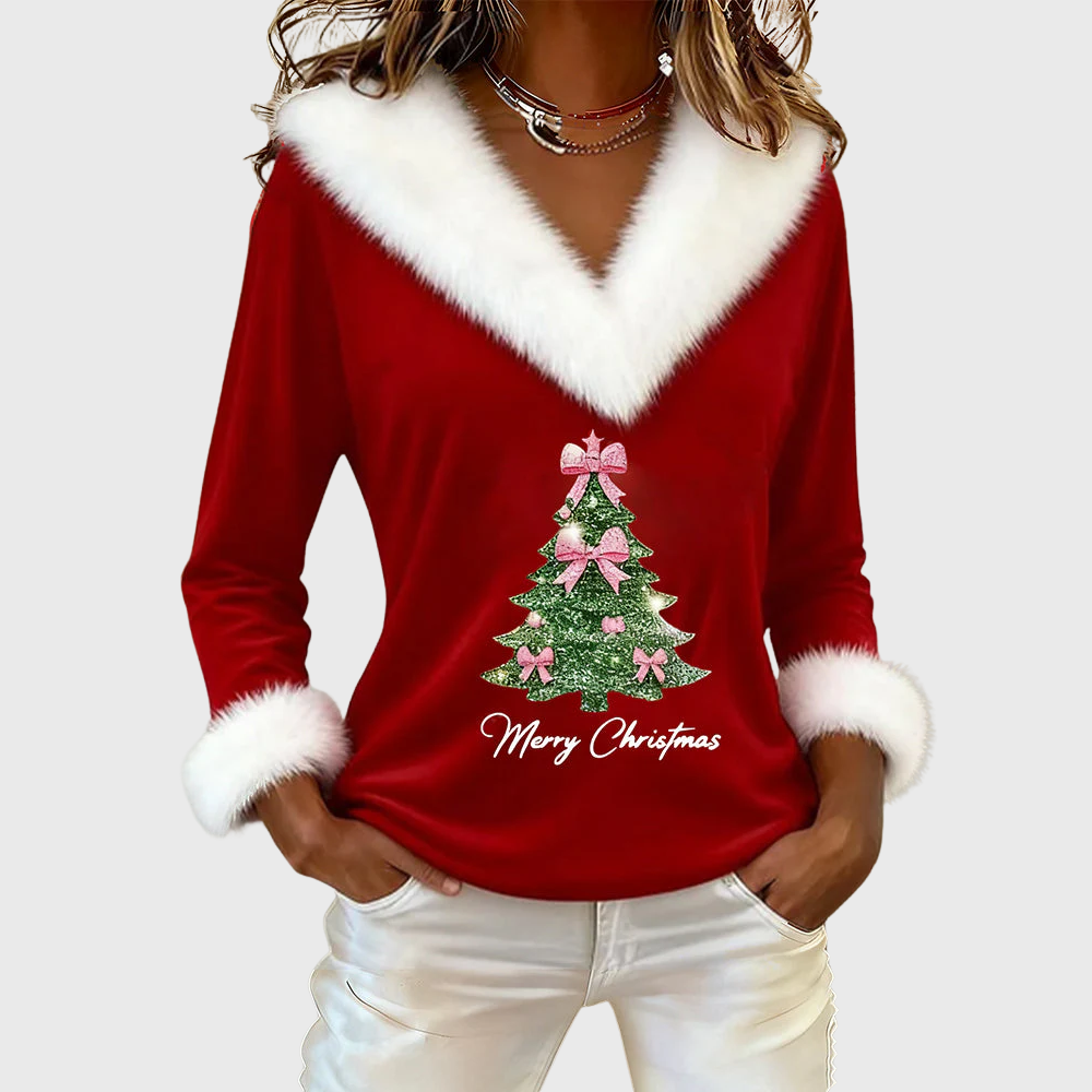 Harper | Large Fur Collar Christmas Print Top