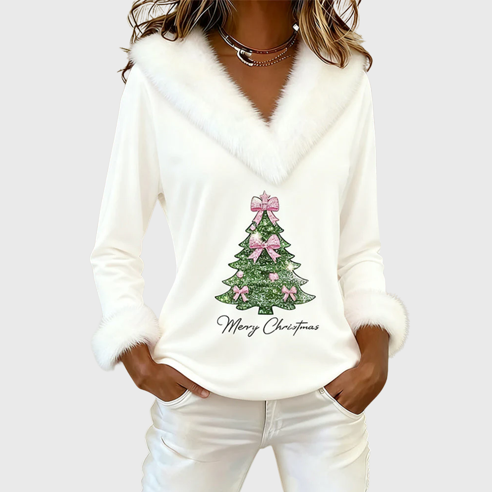 Harper | Large Fur Collar Christmas Print Top