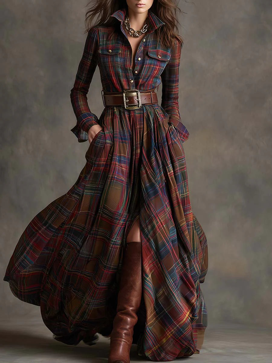 Teagan | Long plaid dress with belt
