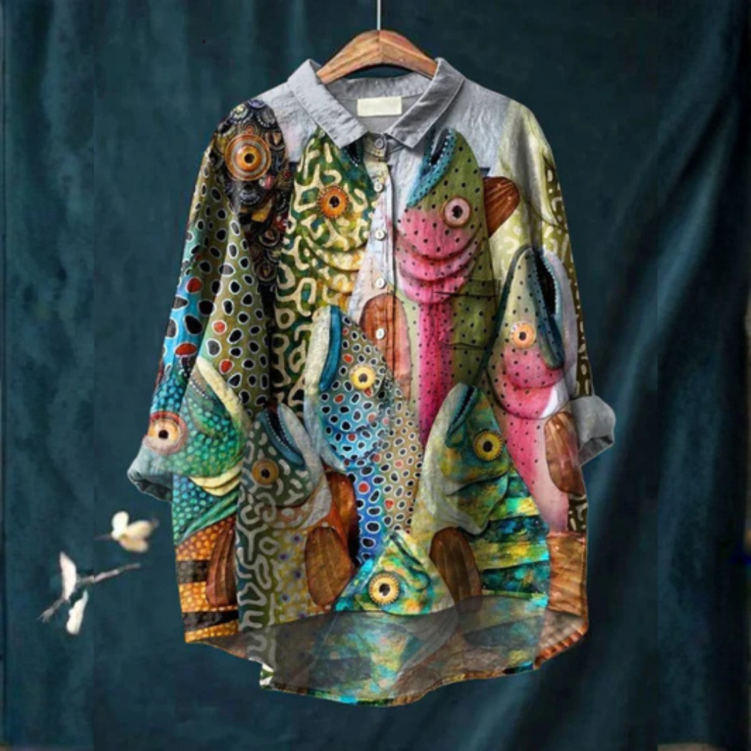 Cynthia | Vintage Funny Fish Art Print Casual Shirt