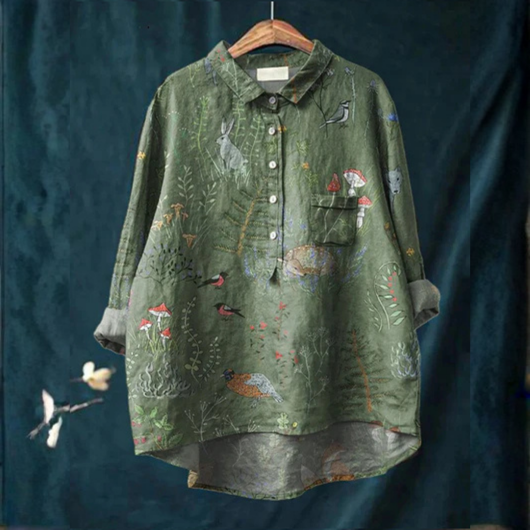 Susan | Woodland And Animals Repeat Pattern Printed Women's Casual Shirt