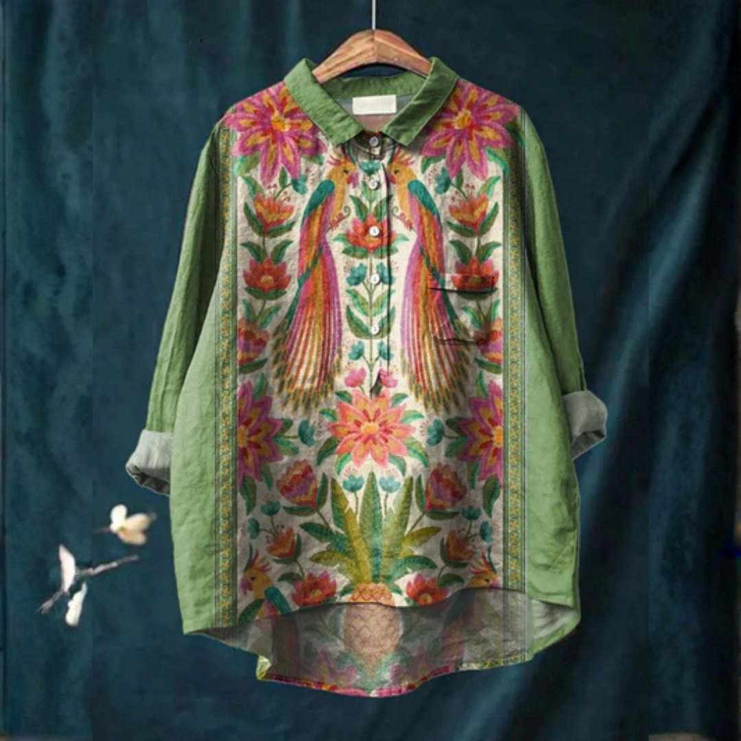 Kathleen | Women's Vintage Lovely Floral Birds Art Print Casual Shirt