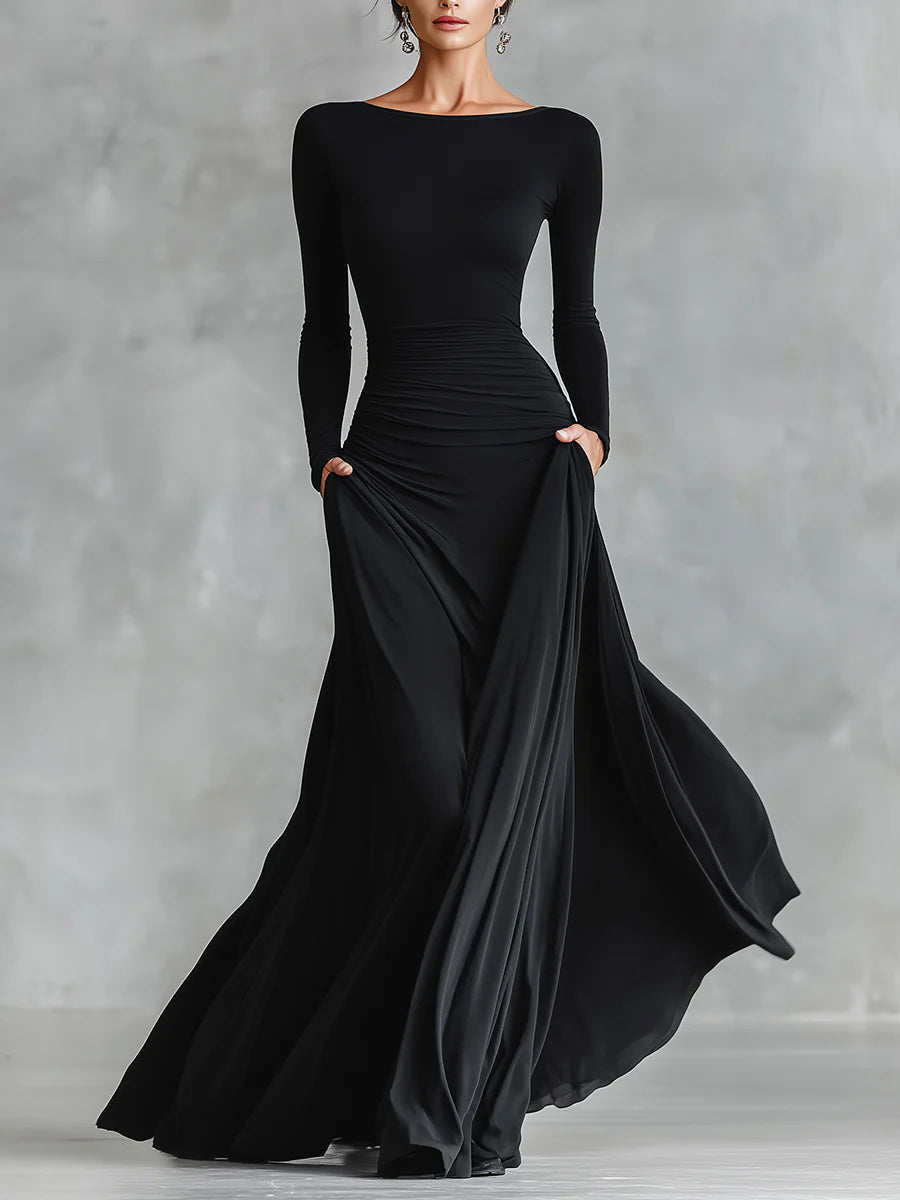 Irene | Modern long dress in black crepe with boat neckline and pleats